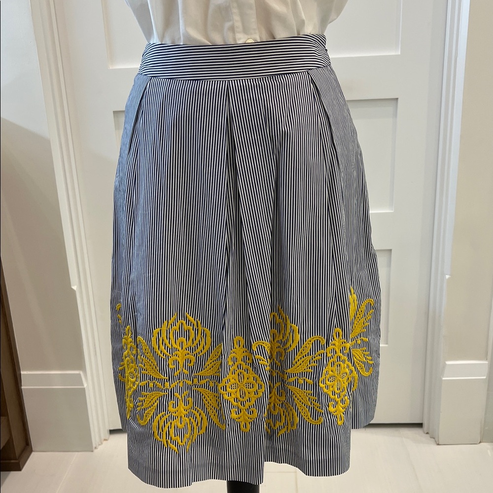 INC International Concepts Blue Striped Skirt with Yellow Embroidery